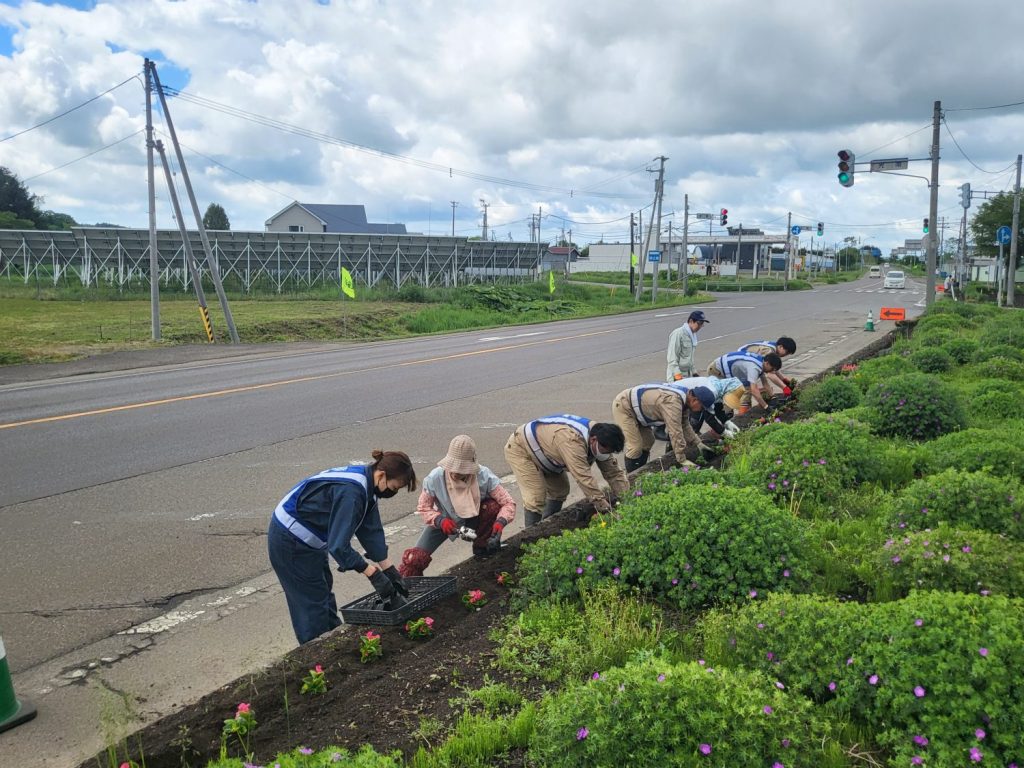 国道38号万年交差点花壇の植栽作業